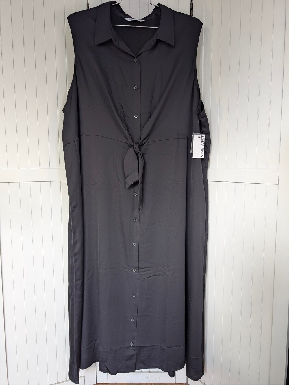 NWT Nine West Midi Shirt Dress Womens 4X Black Button Front Tie Waist Plus